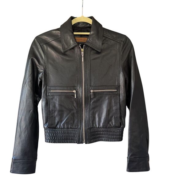 Marcel Kassini Soft Leather Bamber Jacket Elastic Waist Zip Up Front Pockets XS - Picture 2 of 6